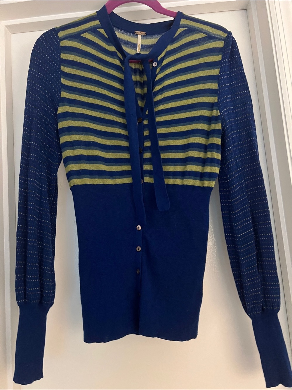 Free People Navy and Lime Striped Tie-Neck Sweater